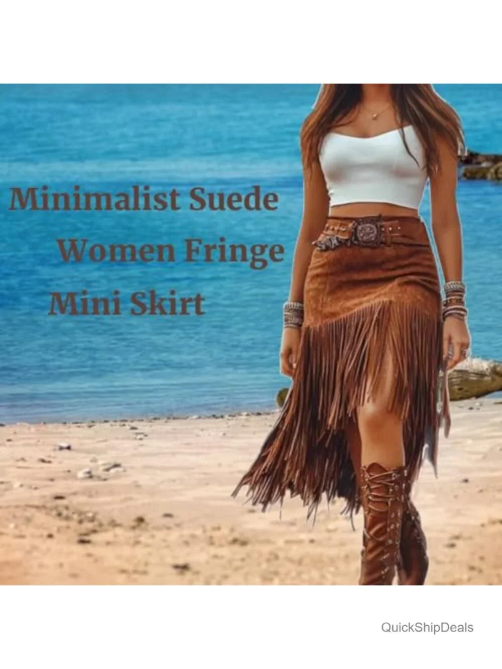 Fringe Faux Suede Skirt High Waist A-Line Midi Asymmetrical